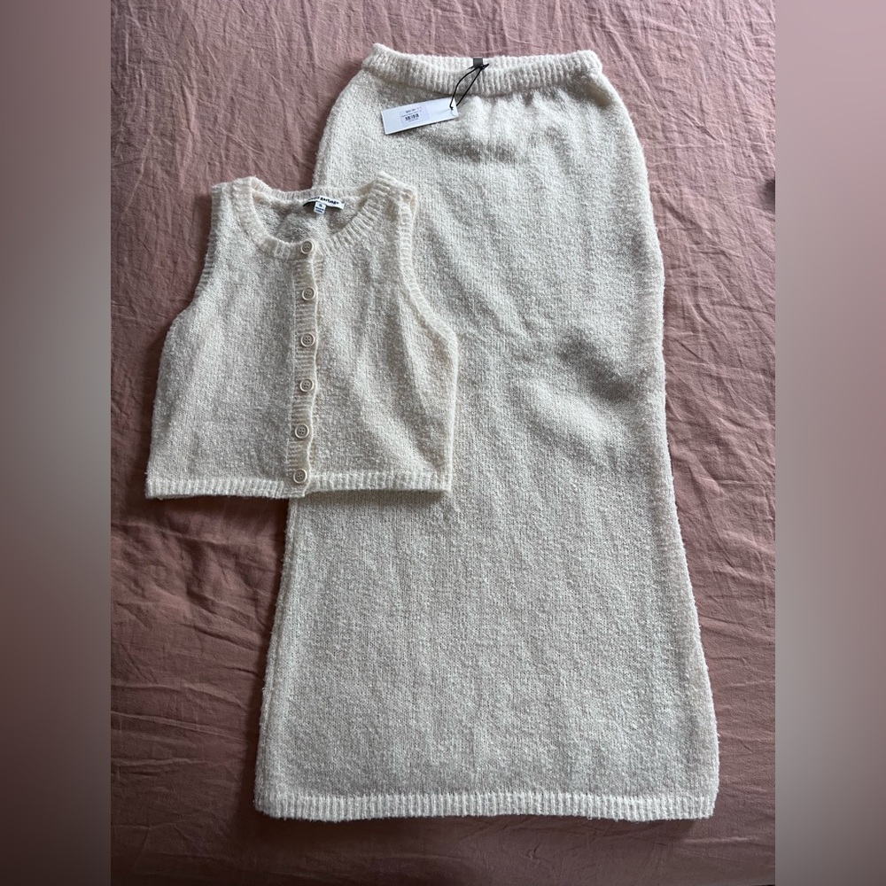 Cream Knit Two-Piece Set — Sleeveless Button Vest & Maxi Skirt